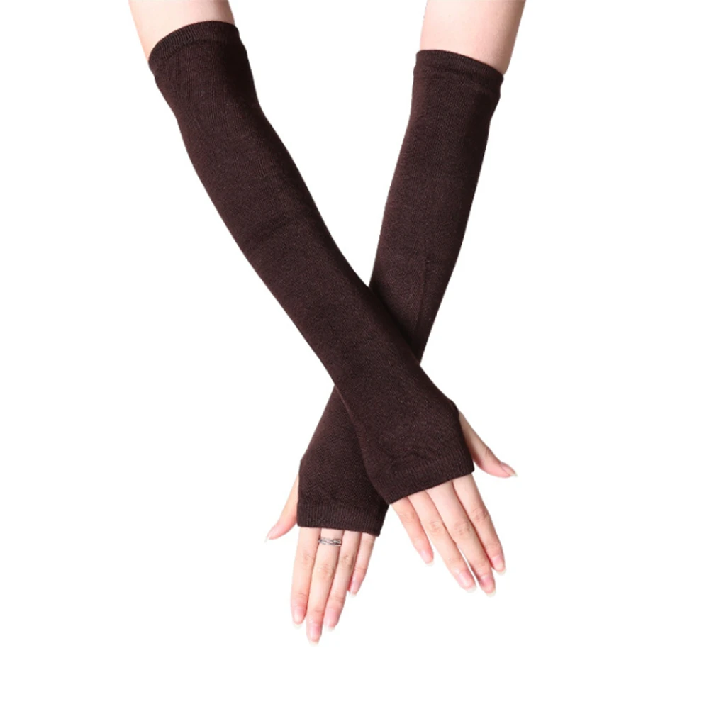 1Pair Classic Stripe Arm Warmer Winter Knit Fingerless Gloves Thumb Hole Elbow Length Gloves Mitten for Women Girls 