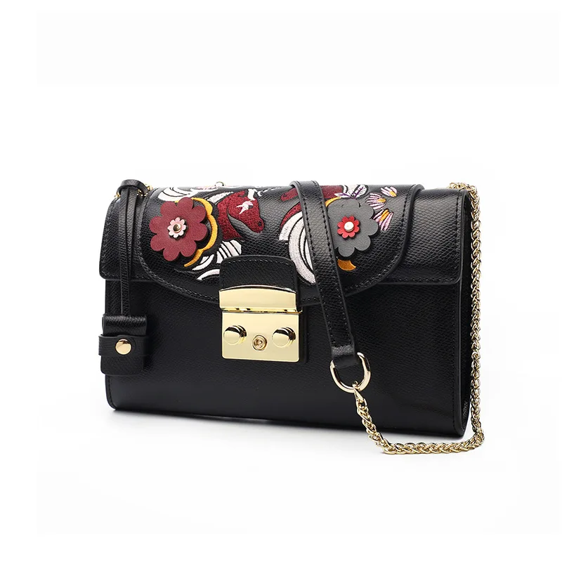 

2017 New Style Europe And America Style Embroidery Square Sling Bag Shoulder Lock Genuine Leather Bag Lady Bag