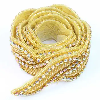 

10Yards Hotfix Glitter Rhinestone Applique Golden AB Beads Crystals Trim Iron on Beaded Bridal Dress Sash Free Shipping