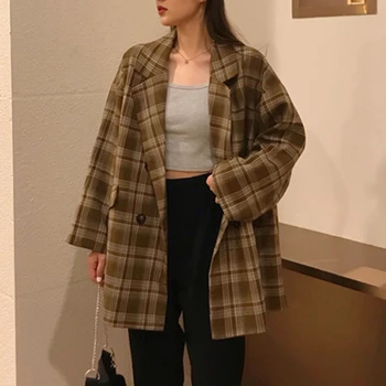 

Autumn and Winter 2020 New Korean Retro Loose All-match Plaid Long Suit Jacket Student Blazer Female