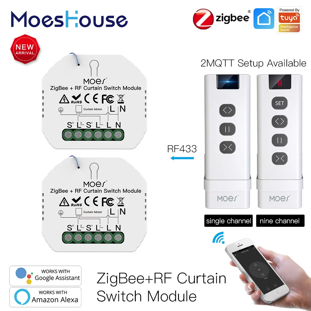 MoesHouse-Interruptor de cortina inteligente RF433 ZigBee, Módulo para persianas enrollables motorizadas, Motor 2MQTT, Tuya, aplicación inteligente Alexa y Google