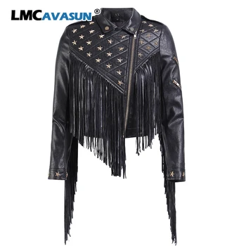 

LMCAVASUN Patchwork Tassel Rivet PU Leather Women's Coats Lapel Collar Long Sleeve Asymmetrical Jackets Female