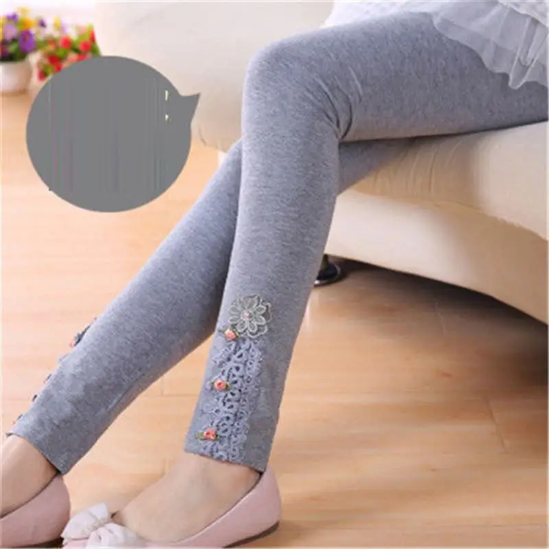 Г., весенне-Осенние эластичные леггинсы с цветочным кружевом для девочек Длинные повседневные узкие брюки для девочек узкие брюки для подростков W253 - Цвет: Серый
