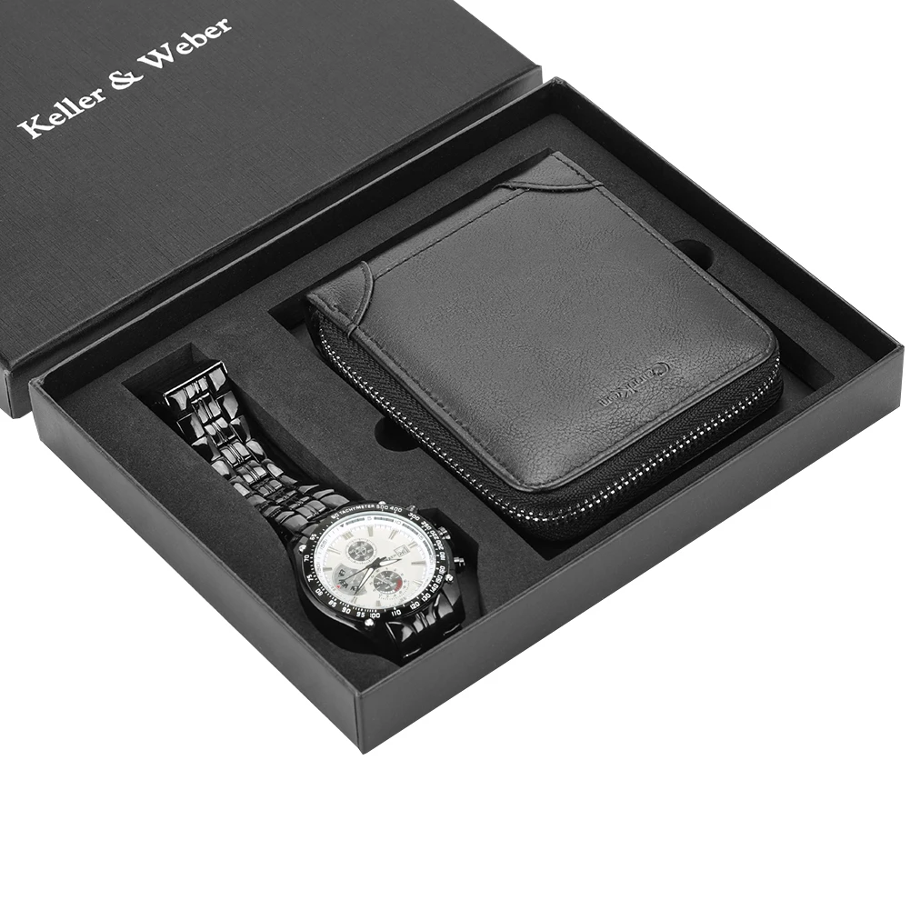 Gift set 3 Модные часы и набор для кошелька для мужчин из нержавеющей стали Кварцевые аналоговые наручные часы мужские кожаные молнии кошелек держатель для кредитных карт - Цвет: Gift set 3