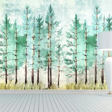 Пользовательские Большие росписи скандинавский акварельный рисунок простой Электрический зеленый лес вид фон обои Papel de pare