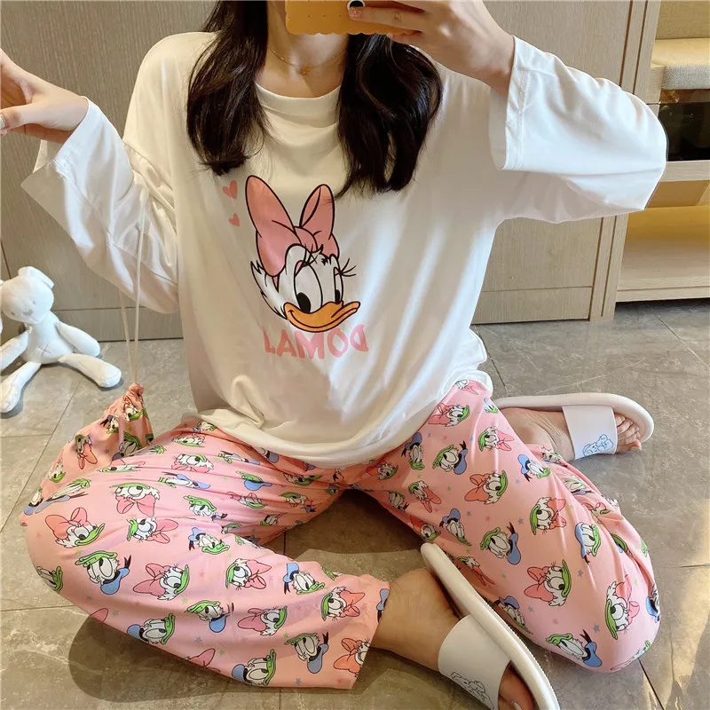 Disney Girl Daisy Printed Spring and Autumn Bag Pajamas Women Cute Cartoon Long Sleeve Long Pants Homewear Set Pajamas