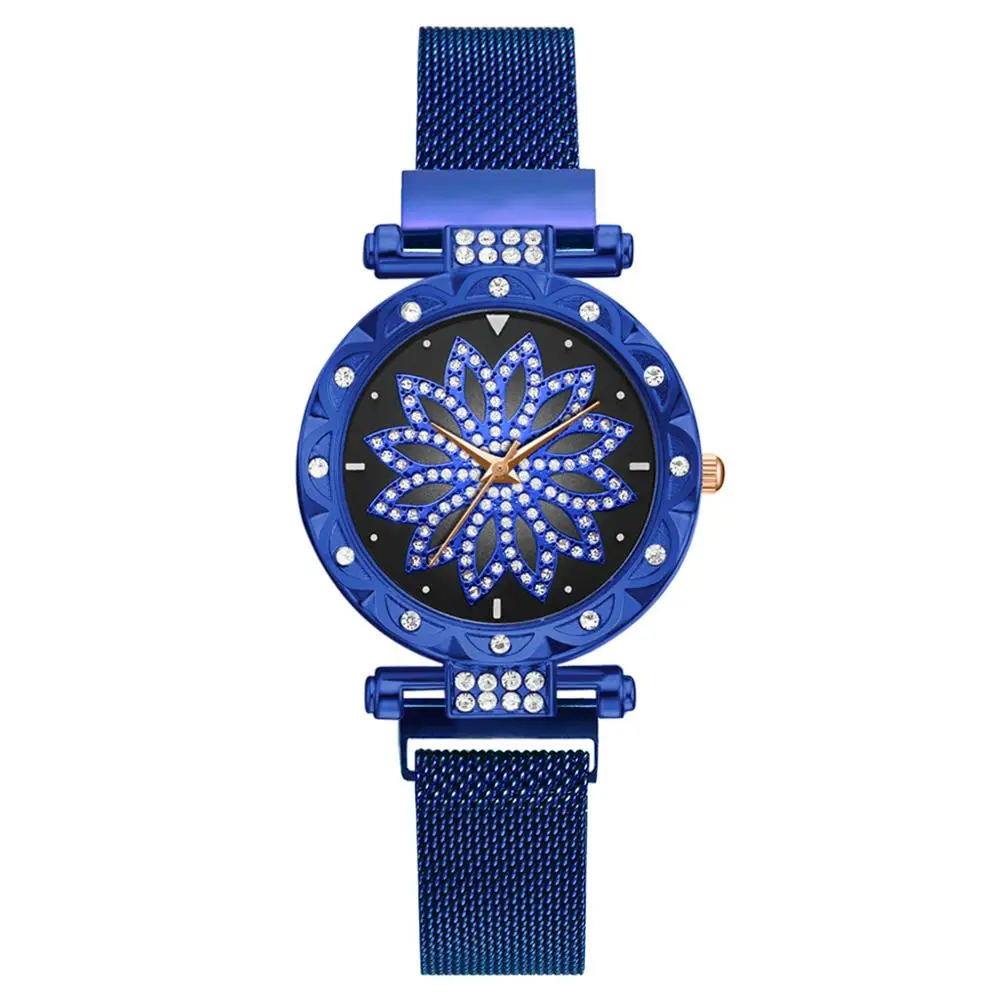 Модные женские сетчатые часы с магнитной пряжкой, роскошные женские часы с цветочным принтом, стразы, кварцевые часы, Набор браслетов для женщин, Relogio Feminino - Цвет: 1pcs Blue Watch