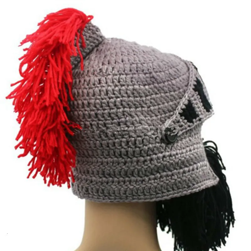 Красный вязаный шлем с кисточками для косплея римского рыцаря, мужские шапки, оригинальные теплые зимние шапки ручной работы с бородой, забавные вечерние шапки-бини