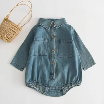 

Baby Boys Girls Bodysuits Fashion Long Sleeve Jumpsuit Toddler Kids Soft Denim Bodysuits NEW