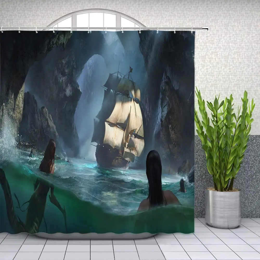 

Myth Creative Shower Curtain Sailboat Adventure Cave Ocean Mermaid Bathroom Decor Background Waterproof Polyester Fabric Home