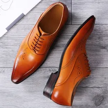Pointed Toe Dress Shoes Men Fashion Genuine Leather Wedding Shoes Luxury Lace-up Business Office Men Formal Shoes