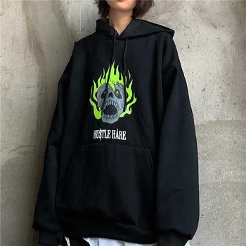 

NiceMix Autumn winter Harajuku style flame skull print hoodies Casual loose long sleeve hooded pullovers Sweatshirt women men