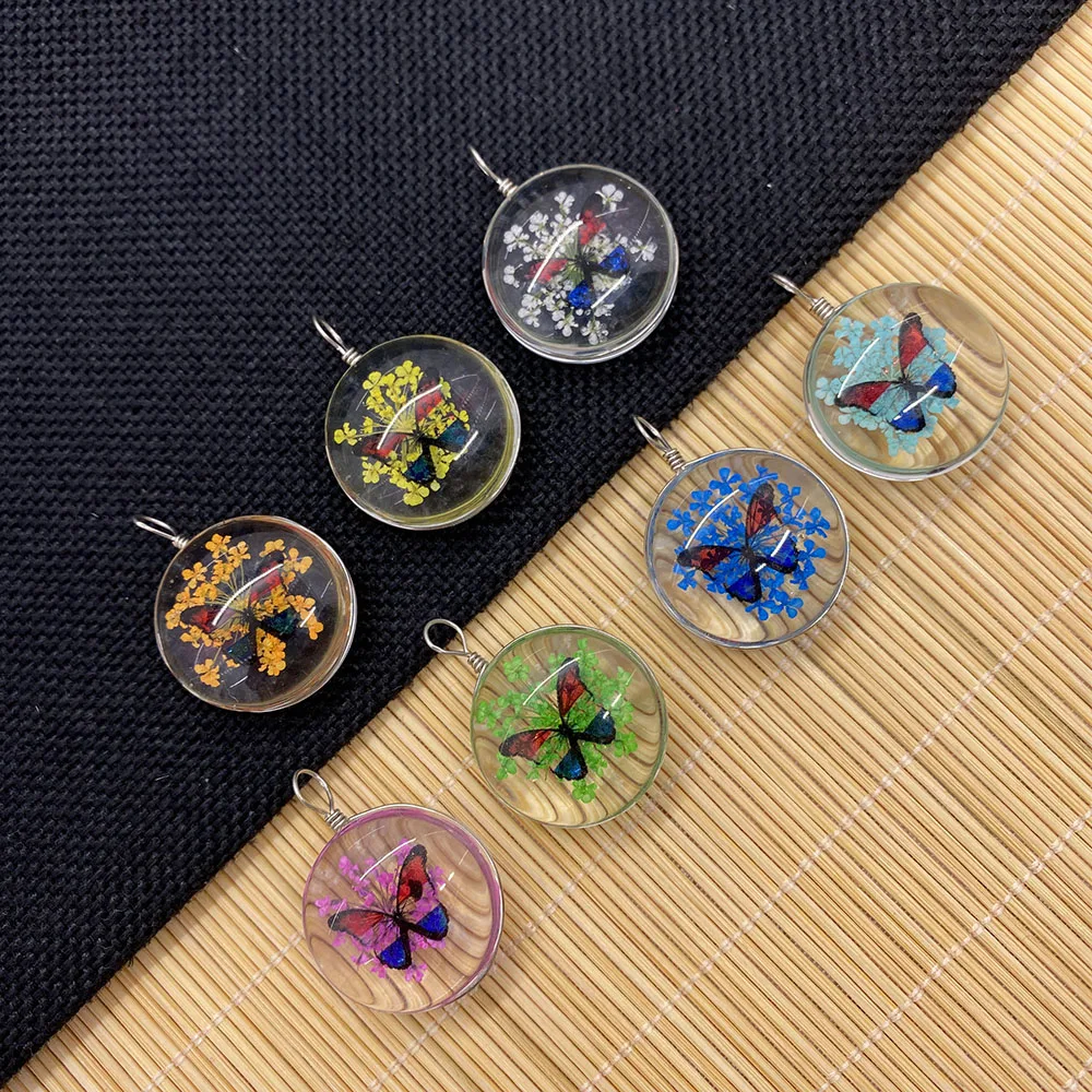 

Double-sided Glass Dried Flower Pendant Flat Round Handmade Epoxy Dried Flower Tree of Life Butterfly Necklace Bracelet 25mm