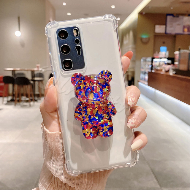 Holder Clear Cover For Samsung Galaxy S22 S20 S21 FE Ultra S10E S10 Lite S9 S8 Plus S7 Edge Case Cartoon Bear TPU Silicone