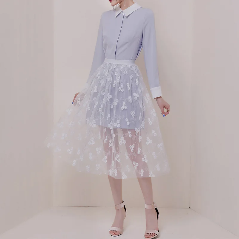

New Arrival Elegant Two Piece Set for Women Autumn 2019 Long Sleeve Midi Shirts and Embroidered Mesh Skirt Women 2 Piece Set