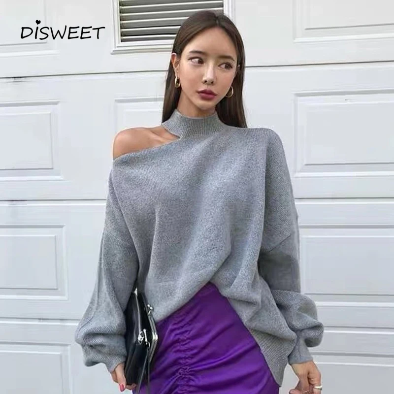 

Fashion Hollow Turtleneck Sweater Woman Korean Long Sleeve Loose Knit Sweater Ladies Simple Slim Solid Women's Sweater