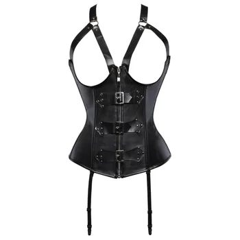 

Faux Leather Open Bust Sexy Steampunk Straps Corset zipper Waist Slimming Bustier Clubwear Lingerie S-2XL
