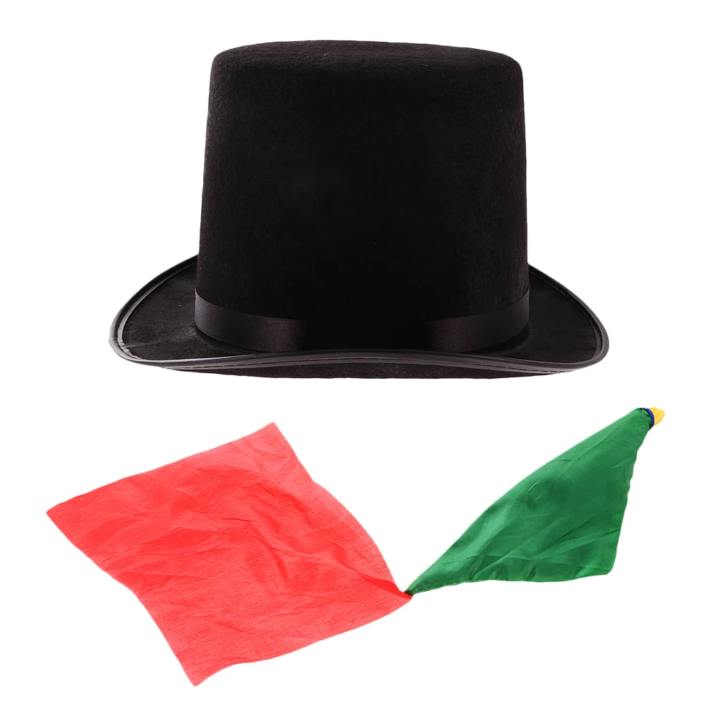 

Magician Magic Trick Performing Prop Black Jazz Hat+Change Color Silk Scarf Close up High Top Hat Topper Derby Cylinder Hat