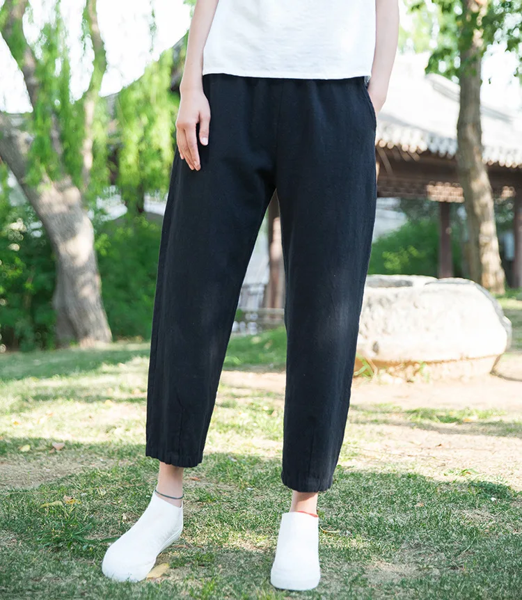Johnature Loose Comfortable Solid Color Pockets Elastic Waist All-match Calf-length Pants 2020 Autumn New Women Straight Pants