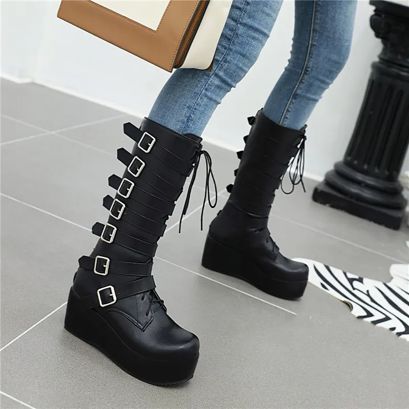 

YMECHIC Winter Gothic Punk Womens Platform Boots Black Buckle Strap Lace Up Creeper Wedges Shoes Mid Calf Military Combat Boots