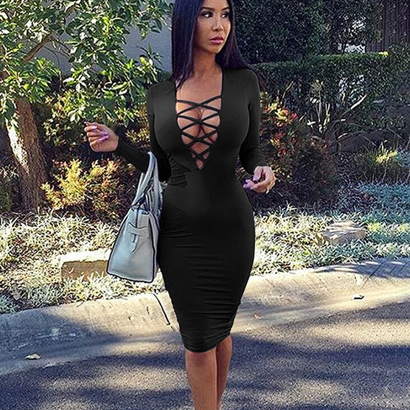 Sexy Deep V Neck Bodycon Dress Fashion 