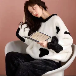 Winter Pajamas Set Women Sleepwear Warm Flannel Long Sleeves Homewear Thick Pyjamas Suit Round Neck Pullover Home Clothes