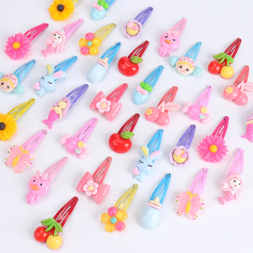 10PCS Mix Color Barrette Baby Hair Clip Cute Flower Solid Cartoon Handmade Resin Children Hairpin Girl Hair Clip Accessories