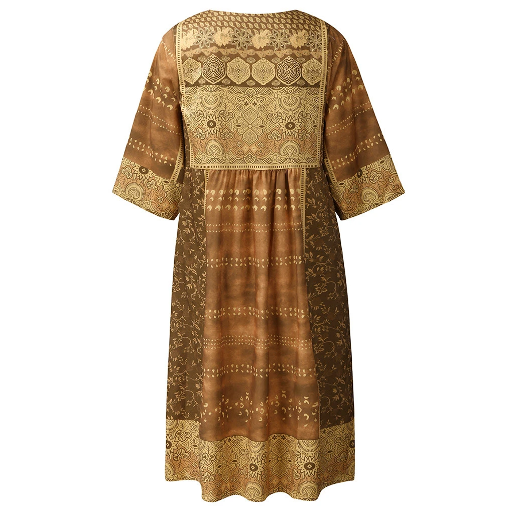 FREE OSTRICH Women Fashion Bohemian Party Print V Neck Plus Size Loose Casual Mini Lady's Comfortable Dress Ladies Girls 717