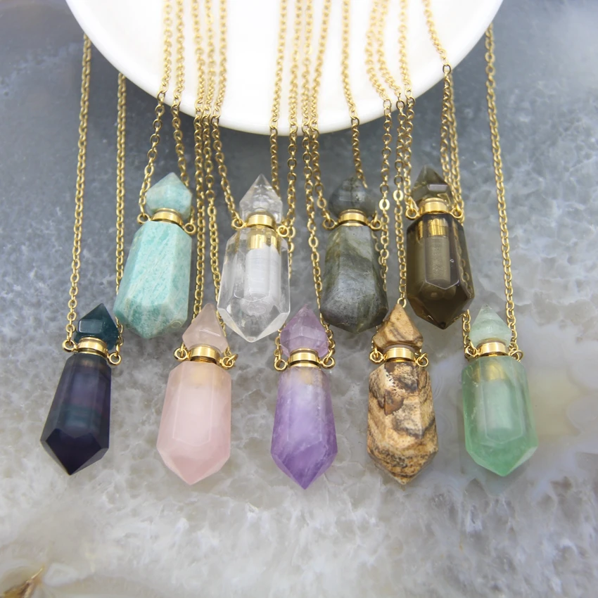 

Natural Gems stone Faceted Prism Perfume Bottle Pendants Necklace,Cut Crystal Essential Oil Diffuser Vial Hexagon Points Charms