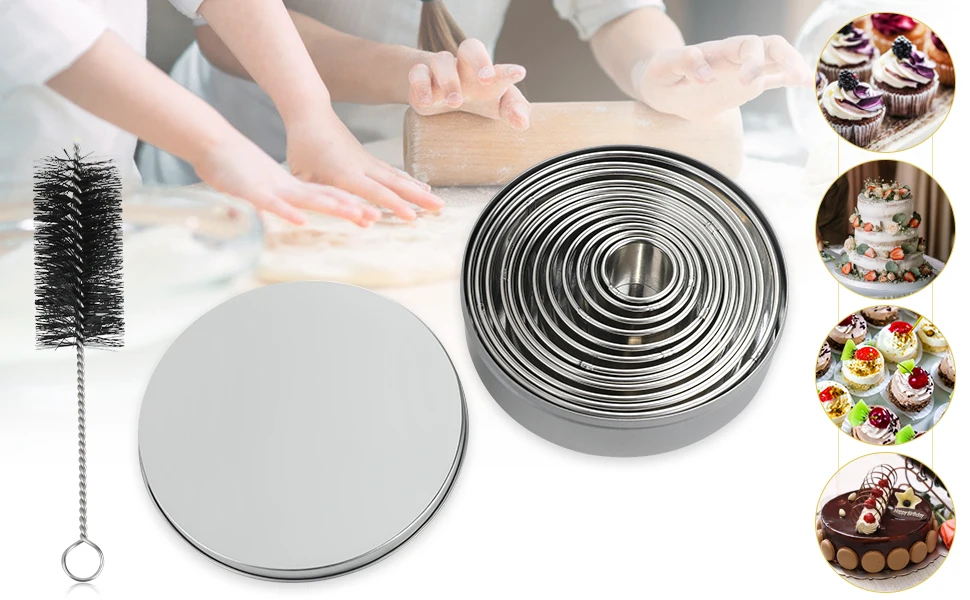 

12Pcs Cake Mousse Mold Cookie Cutters Stainless Steel Shapes Mold for Dough Pastry with 1 Metal Scrubber