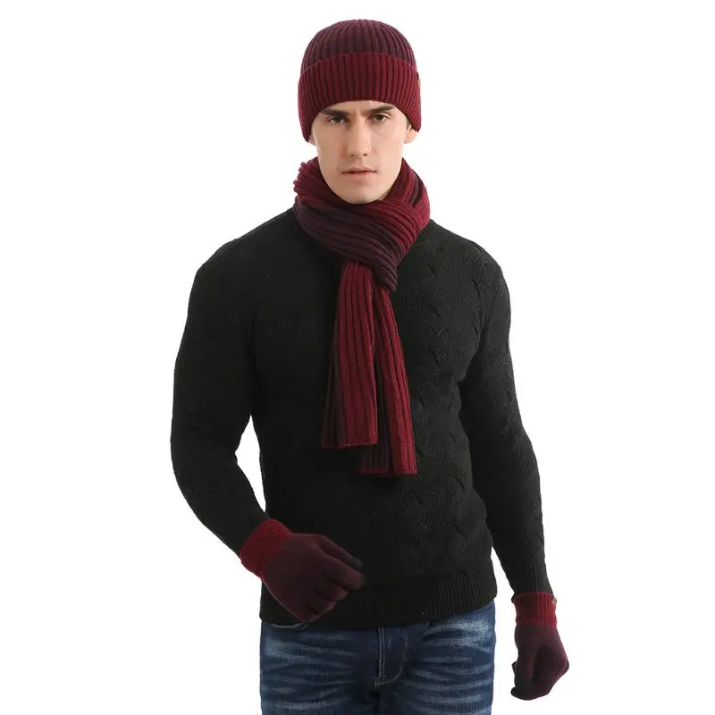 3 Pcs/set Unisex New Double-sided Color Matching Scarf Autumn Winter Fashion Men Women Simple Thickening Hat Gloves Set