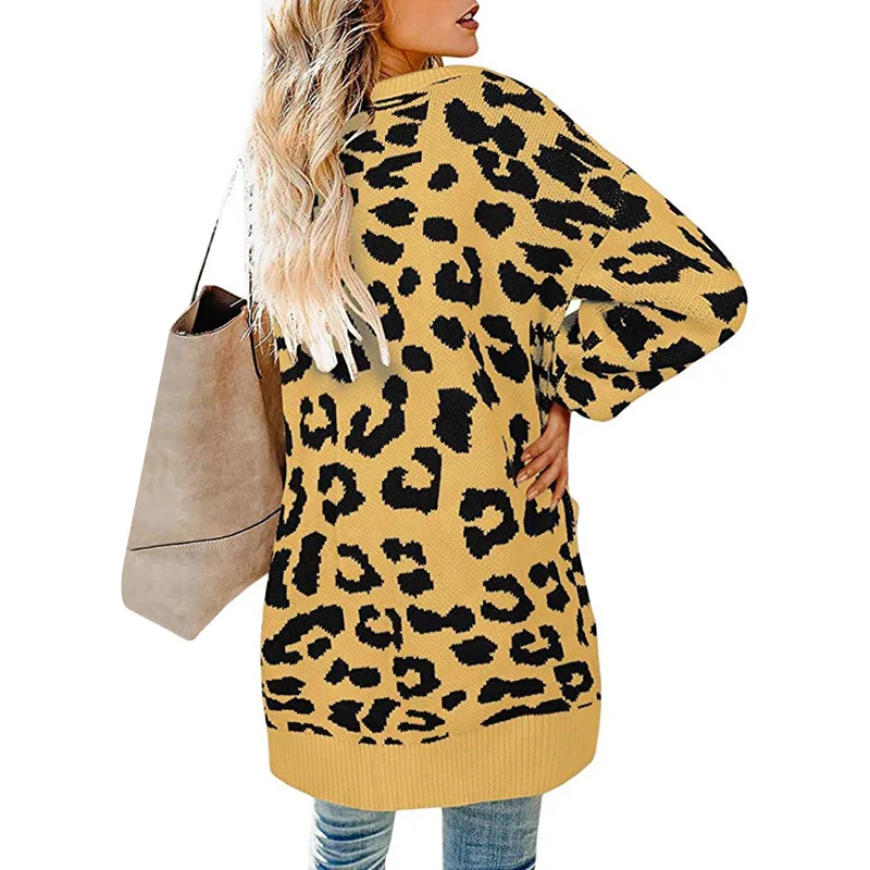 Однобортный длинный кардиган с леопардовым принтом, свитера для женщин, длинный рукав, Осень-зима, туника, верхняя одежда, мода, женское длинное пальто