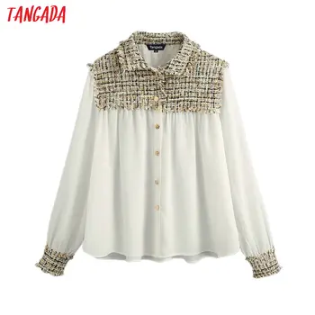 

Tangada women plaid patchwork white shirts 2020 new arrival long sleeve solid female casual blouses BE571