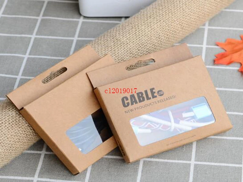 

300pcs/lot 9.5x7.5x1.5cm Date Cable Packaging Cardboard Boxes Kraft Paper Data Line Packing Window Box With Hang Hole