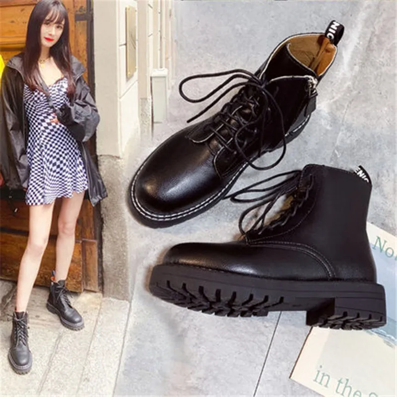 

2020 New Women Ankle Boots Black Lace-up Motorcycle Boots Female Autumn Winter Ladies Leather Shoes botas mujer Large Size 35-42
