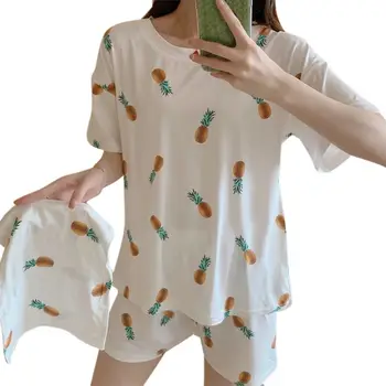 

Women Milk Fiber Pajamas Set Short Sleeve Loose Tops Pants Sleepwear Cute Leaves Animal Fruits Print Loungewear with Bag