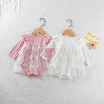 

New Born Baby Clothes Cute Toddler Girls Solid Color Romper Flower Embroidery Lace Jumpsuit Child Girls Autumn Cotton Clothing