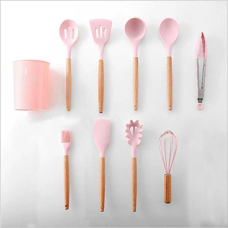 pink 10PCS 12 шт. набор кухонной посуды силиконовые инструменты для приготовления пищи бытовые деревянные Koken Gereedschap Met Opbergdoos Turner Tang Spatel Turner - Цвет: pink 10PCS