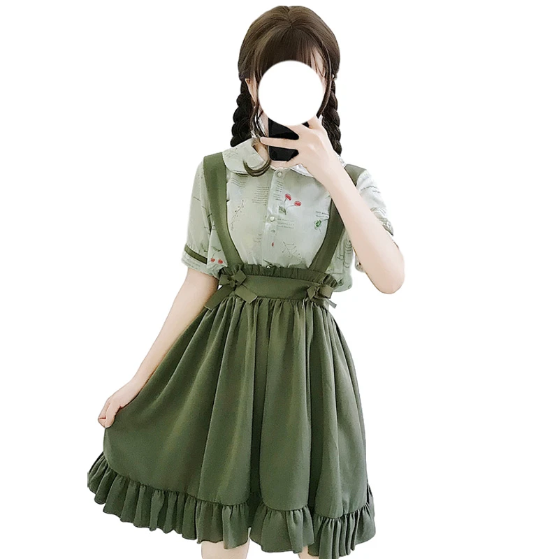 女子校生かわいいサスペンダースカート日本ロリータコスプレかわいいaラインプリーツスカート韓国スタイルヴィンテージフリルグリーンスカート Skirts Aliexpress