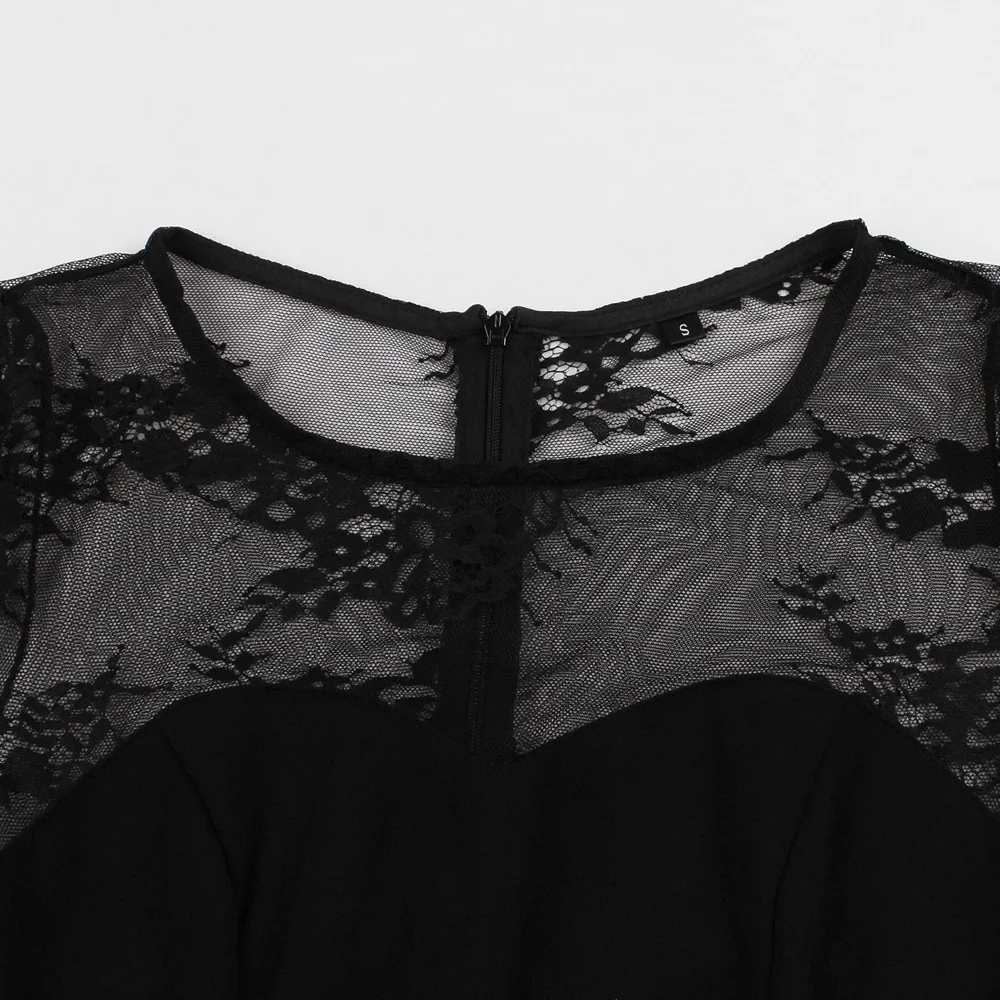 Joineles Lace Patchwork Party Dress Black Women Retro Dress Round Neck 3/4 Sleeves Vintage Dress Vestidos De Festa Robe Dresses