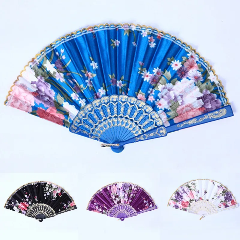Best Chinese Vintage Fancy Folding Fan Hand Plastic Lace Silk Flower Dance Fans Party Supplies For Women Gift 8 Colors