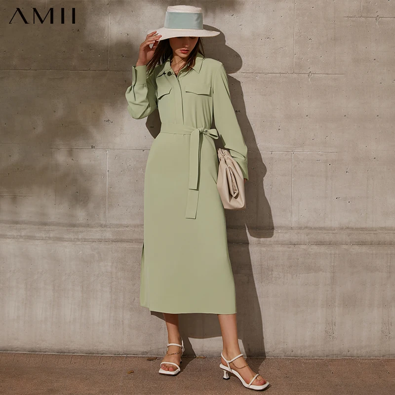 Amii Minimalism Summer Women's Dress Offical Lady Solid Lapel Aline