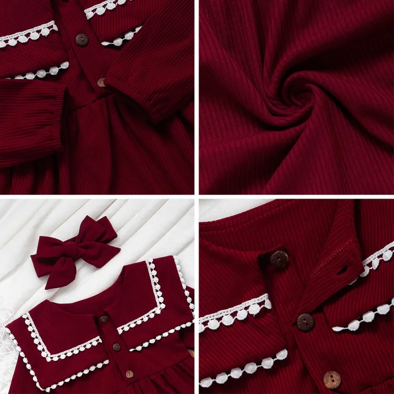 New Bodysuit Long Sleeve Bow Hair Band 2 Pcs Baby Girls Cute Doll Collar Solid Color Jumpsuit Spring And Autumn