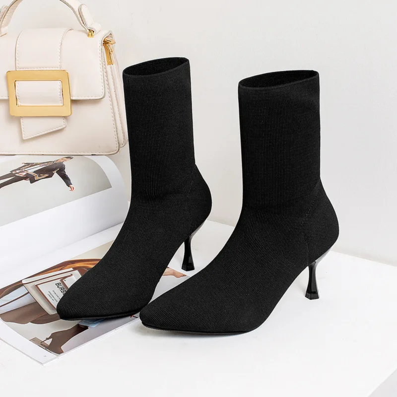 Вязаные Botas/ г. Носки с острым носком botines/женские эластичные модные соблазнительные женские ботинки до середины икры на тонком высоком каблуке без застежки