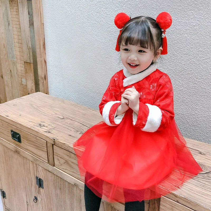 Red Корейское Красное Кружевное платье для маленьких девочек; зимние платья для новорожденных с длинными рукавами из плотного флиса; модное плюшевое платье с цветочным рисунком для младенцев - Color: Red
