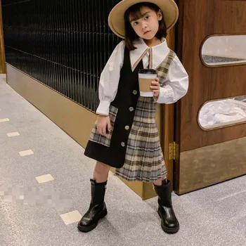 

Style 2020 Fall Lapel Lantern Sleeve White Shirt with Plaid Splicing Vest Skirt Two-piece Set