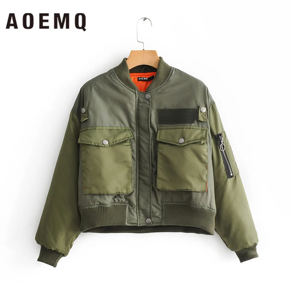 AOEMQ зимние куртки темно зеленые двухцветные оранжевые хлопковые теплые