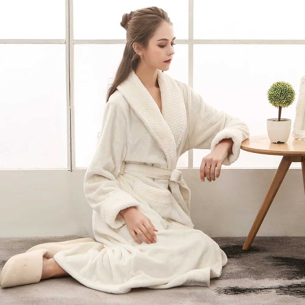 

Night dress women bathrobe cotton robe Women's Winter Lengthened Coralline Plush Shawl Bathrobe Long Sleeved Robe Coat#G3