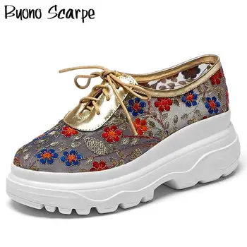 

Buono Scarpe Embroider Flowers Women Sneakers Sandals Casual Platform Heel Shoes Lace Up Summer Transparent Shoes Wedges Sandals