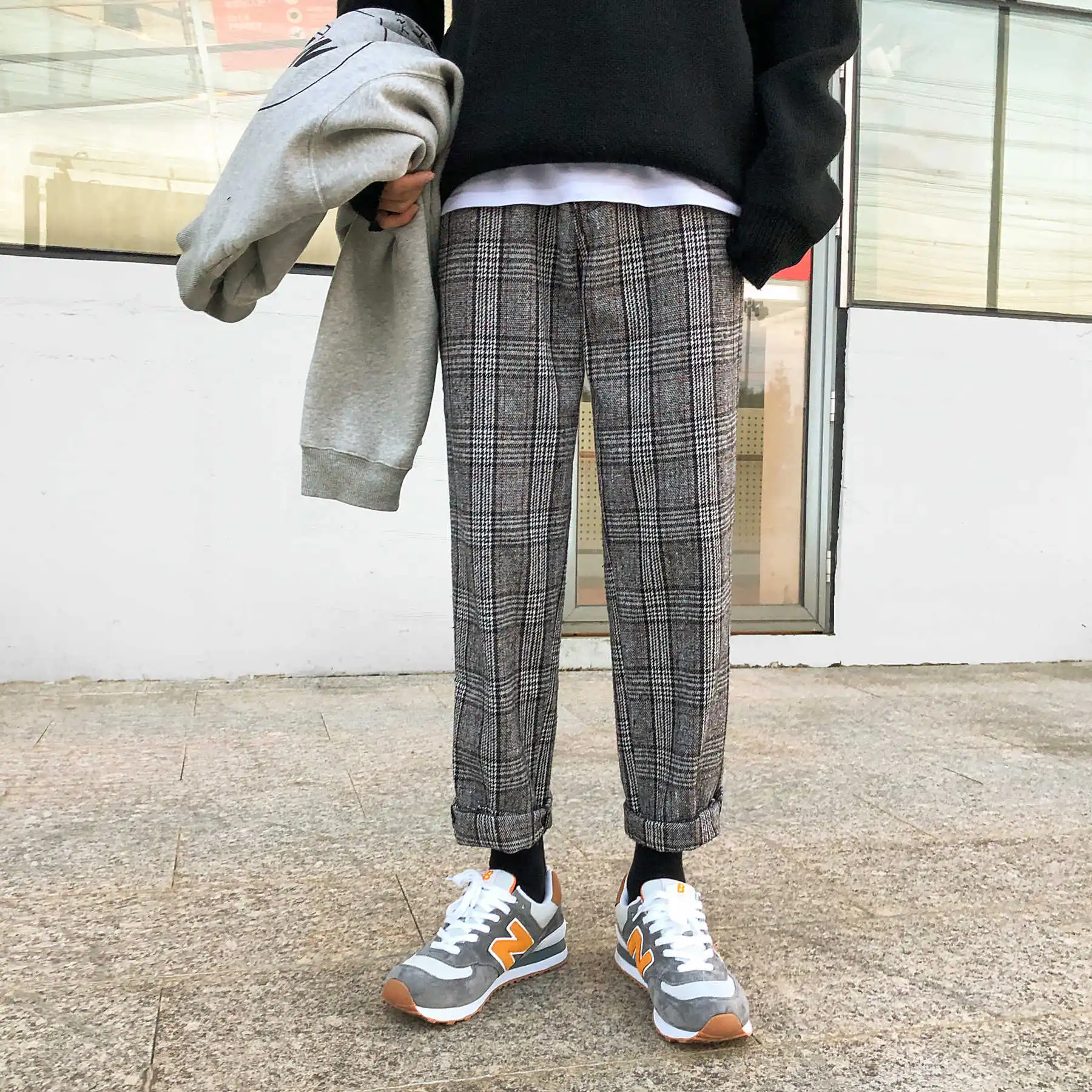 black white Summer New Fashion Men's Camouflage Korean Version Of Loose Harajuku Straight Casual Plaid Trousers hip hop - Color: black white